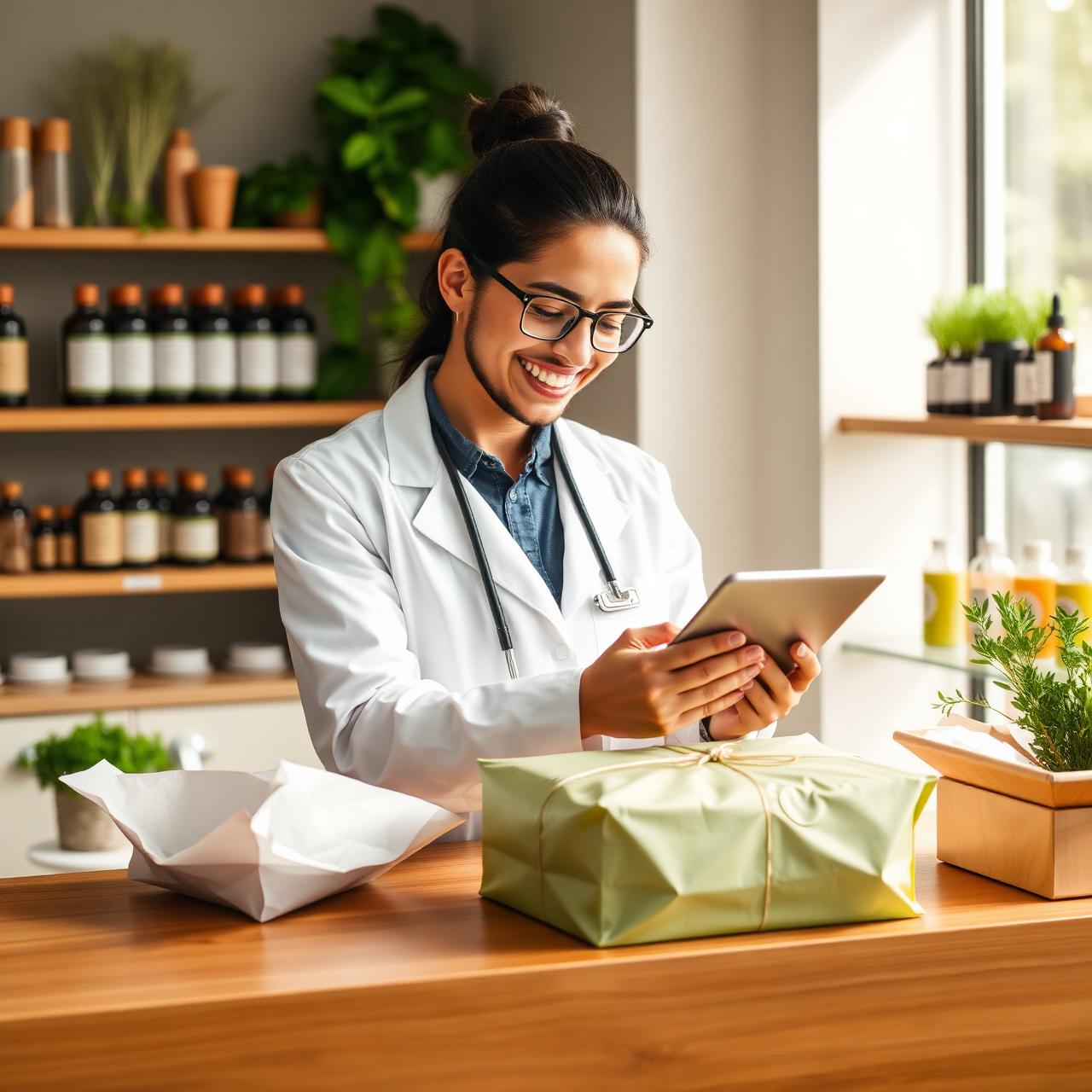 Farmacêutica em atendimento online com pacote para entrega rápida