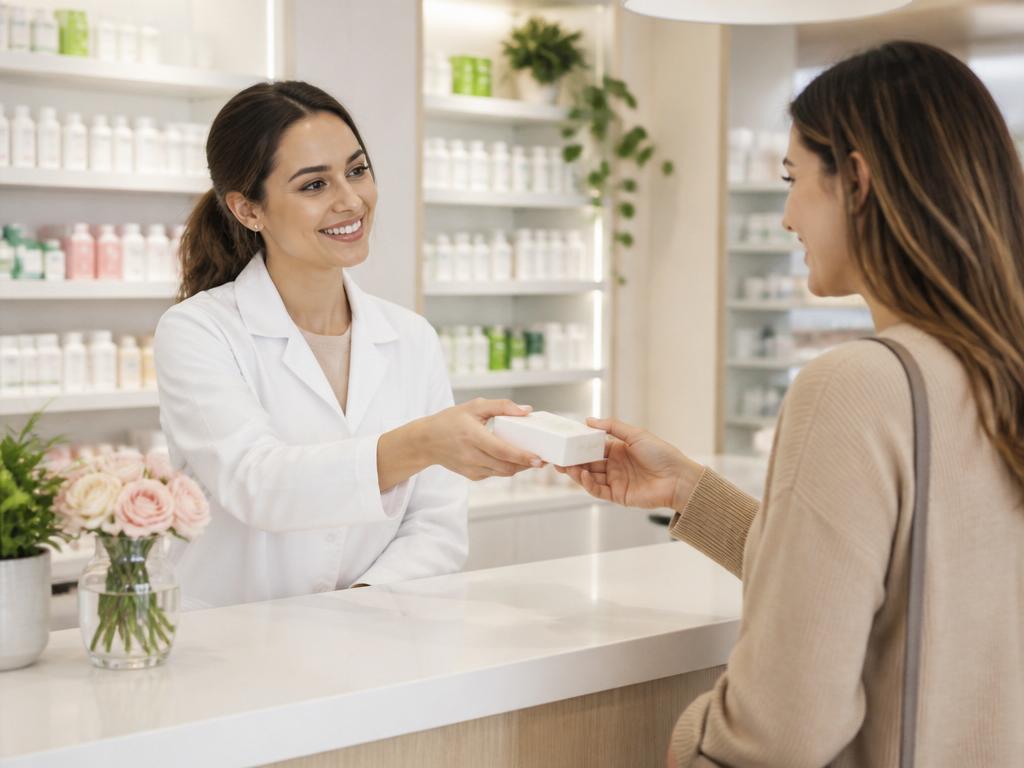 Atendente entregando produto natural para cliente no balcão